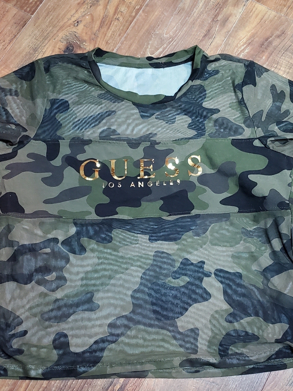 GUESS Olive Green Camo Crop Top with Gold Logo